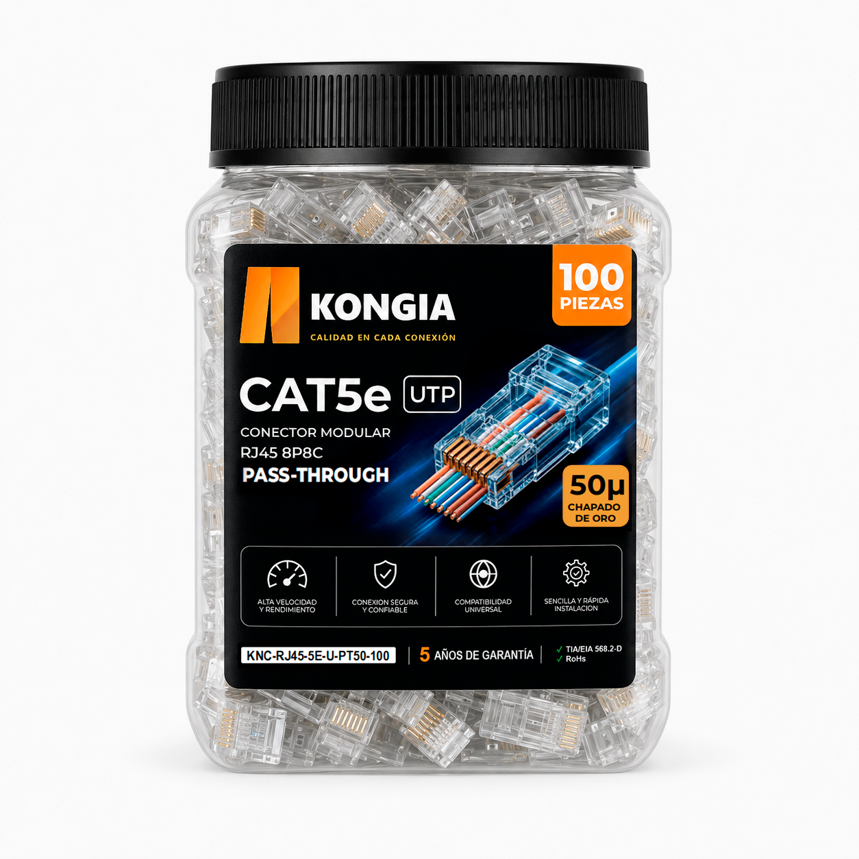 Bote con 100 piezas de conector modular RJ45 CAT5e UTP Pass Through, Chapado de oro a 50 micras