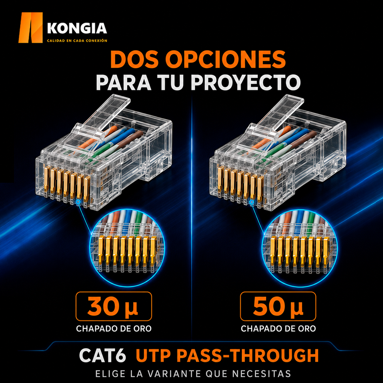 Escenarios de uso - Bote con 100 piezas de conector modular RJ45 CAT6 UTP Pass Through, Chapado de oro a 30 micras