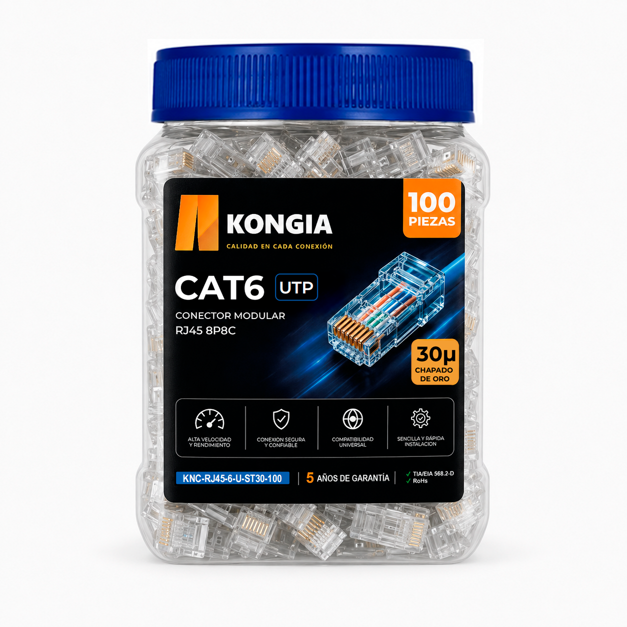 Bote con 100 piezas de conector modular RJ45 CAT6 UTP, Chapado de oro a 30 micras