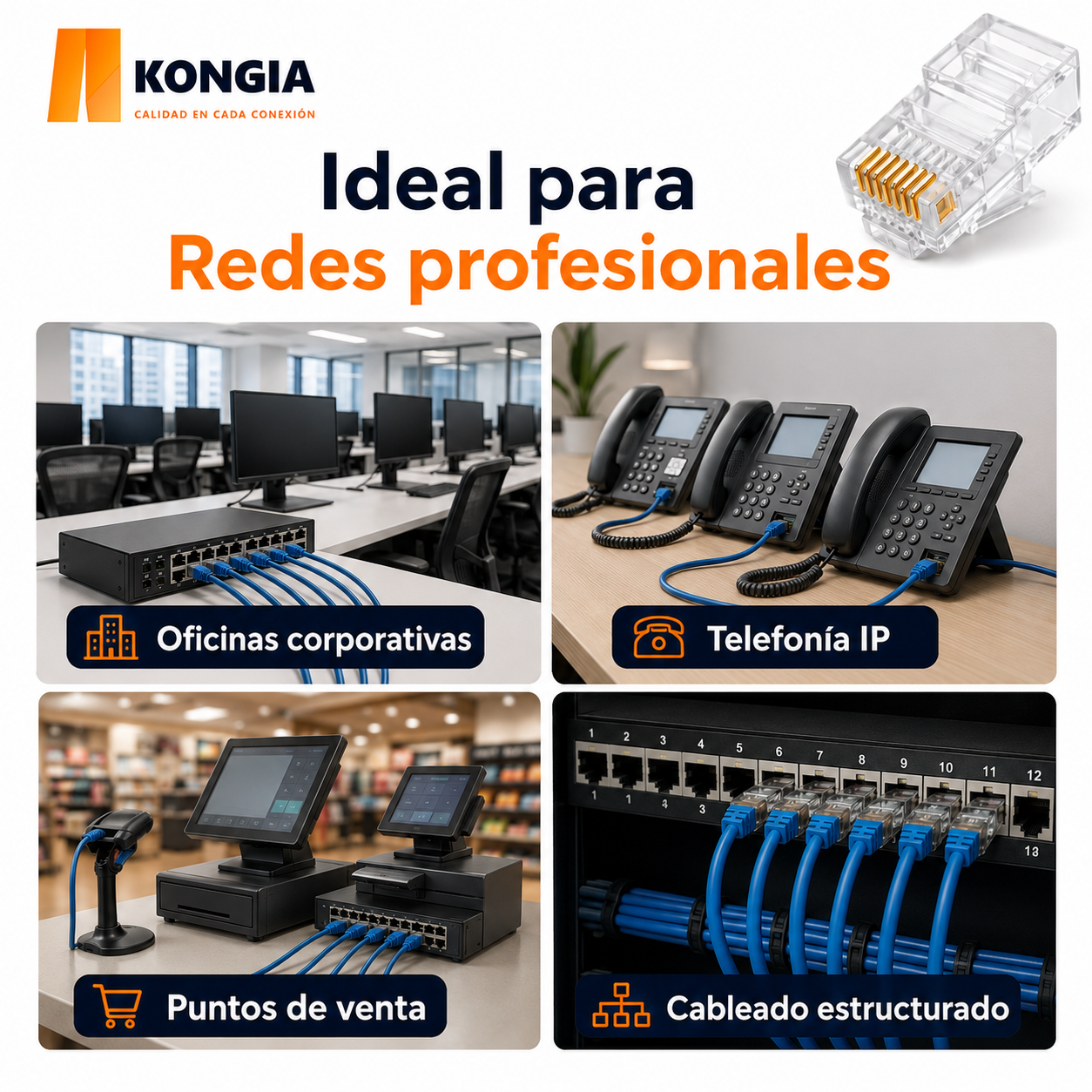 Escenarios de uso - Bote con 100 piezas de conector modular RJ45 CAT6 UTP, Chapado de oro a 30 micras