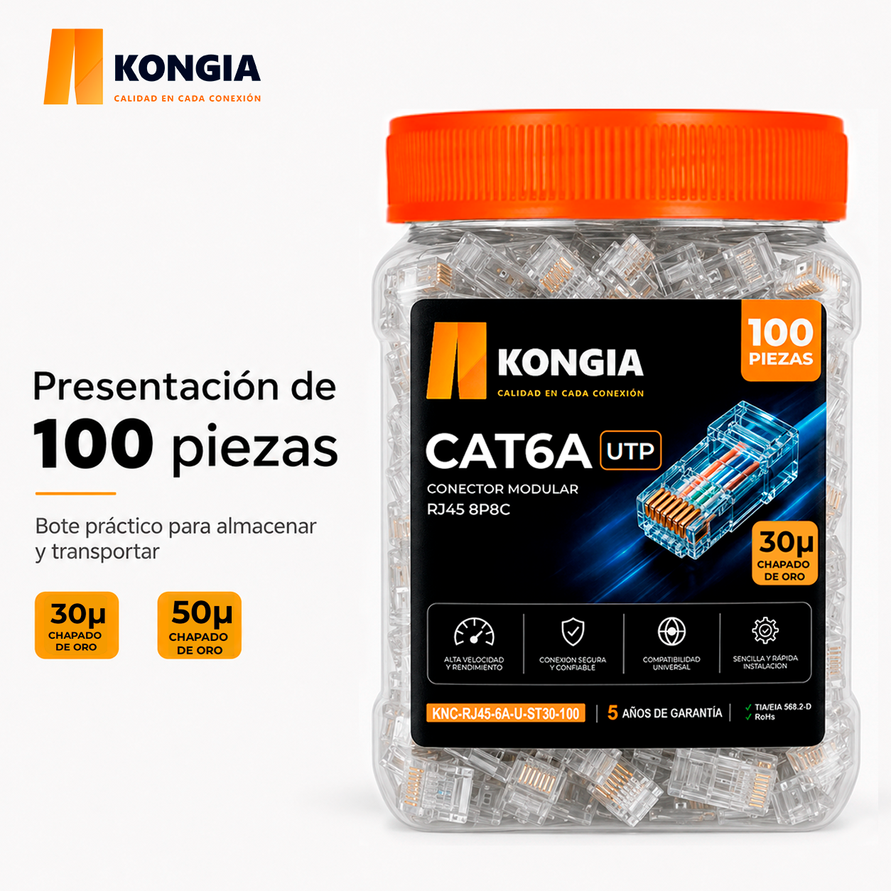 Bote con 100 piezas de conector modular RJ45 CAT6A UTP, Chapado de oro a 30 micras