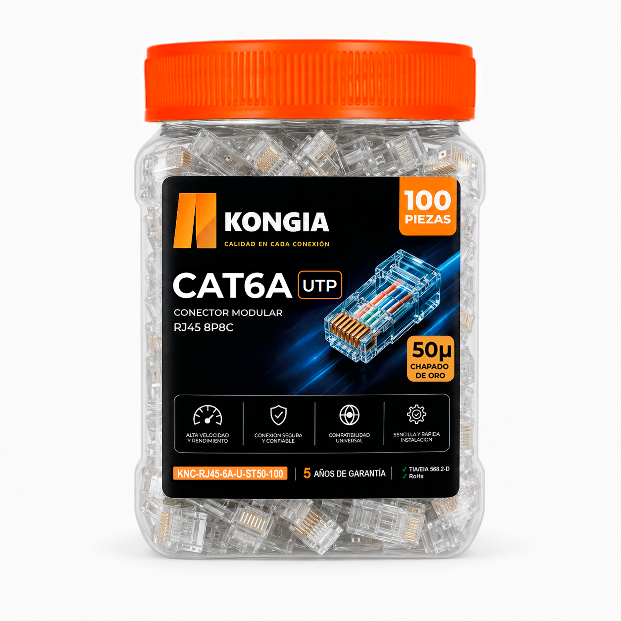 Bote con 100 piezas de conector modular RJ45 CAT6A UTP, Chapado de oro a 50 micras